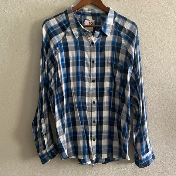 SO Junior’s Navy Plaid Long Sleeve Button Front Short Size XXL Casual - Picture 2 of 6